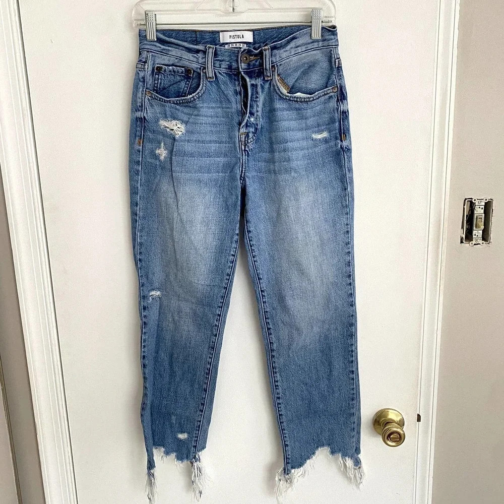 PISTOLA Revolve Charlie High Rise Straight Medium Wash Frayed Hem Jeans